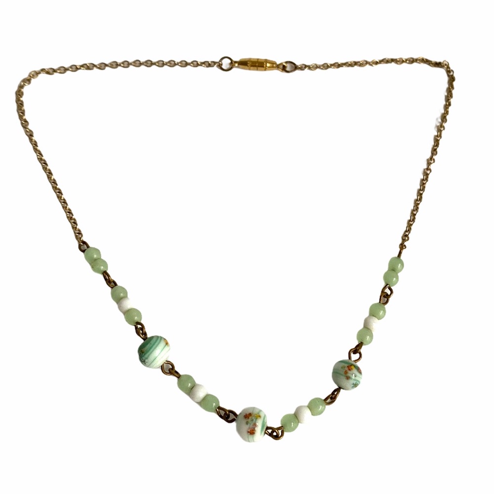 Green Beaded Necklace with Hand-Painted Ceramic Accents